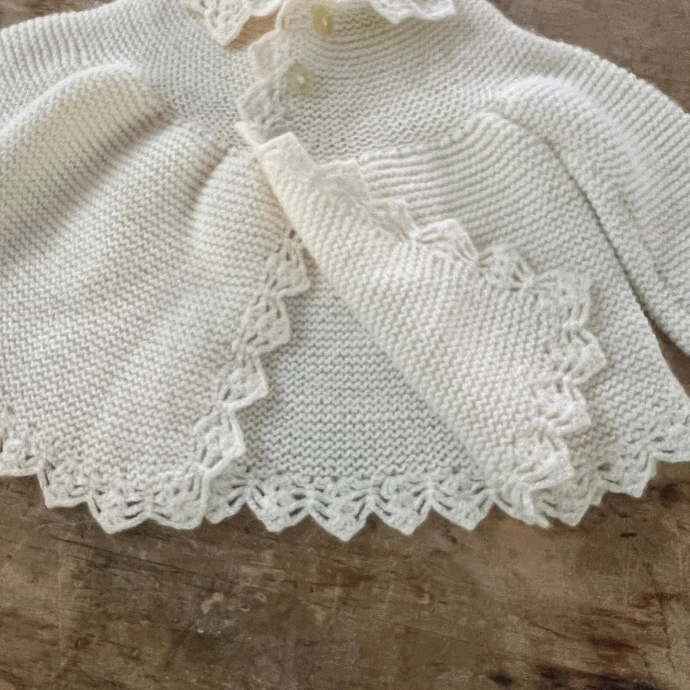 Bamberger's Vintage Knit Cardigan Baby Cream Scalloped Lace Spain Boho